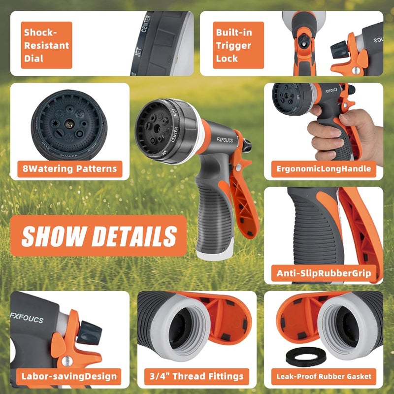 FXFOUCS Garden Hose Nozzle Sprayer– this high heavy-duty spray nozzle offer 8 watering patterns for watering plants, lawns & gardens, washing cars, household cleaning and showering pets. (Grey Orange) - Image 3